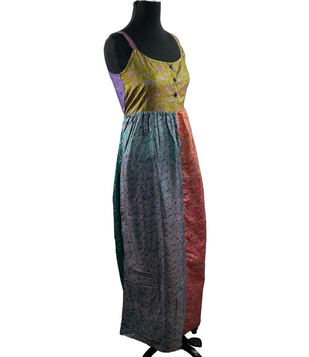 FASHION FUSE Multicolor PURE Silk Sleeveless Scoop Neck Tie Belt Maxi Dress Sz S